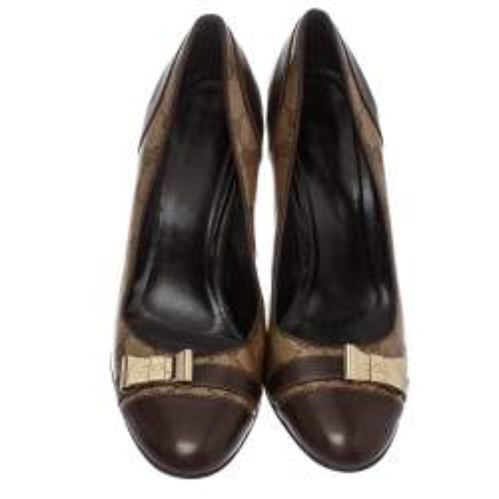 Gucci Brown GG Canvas And Leather Bow Cap Toe Pumps